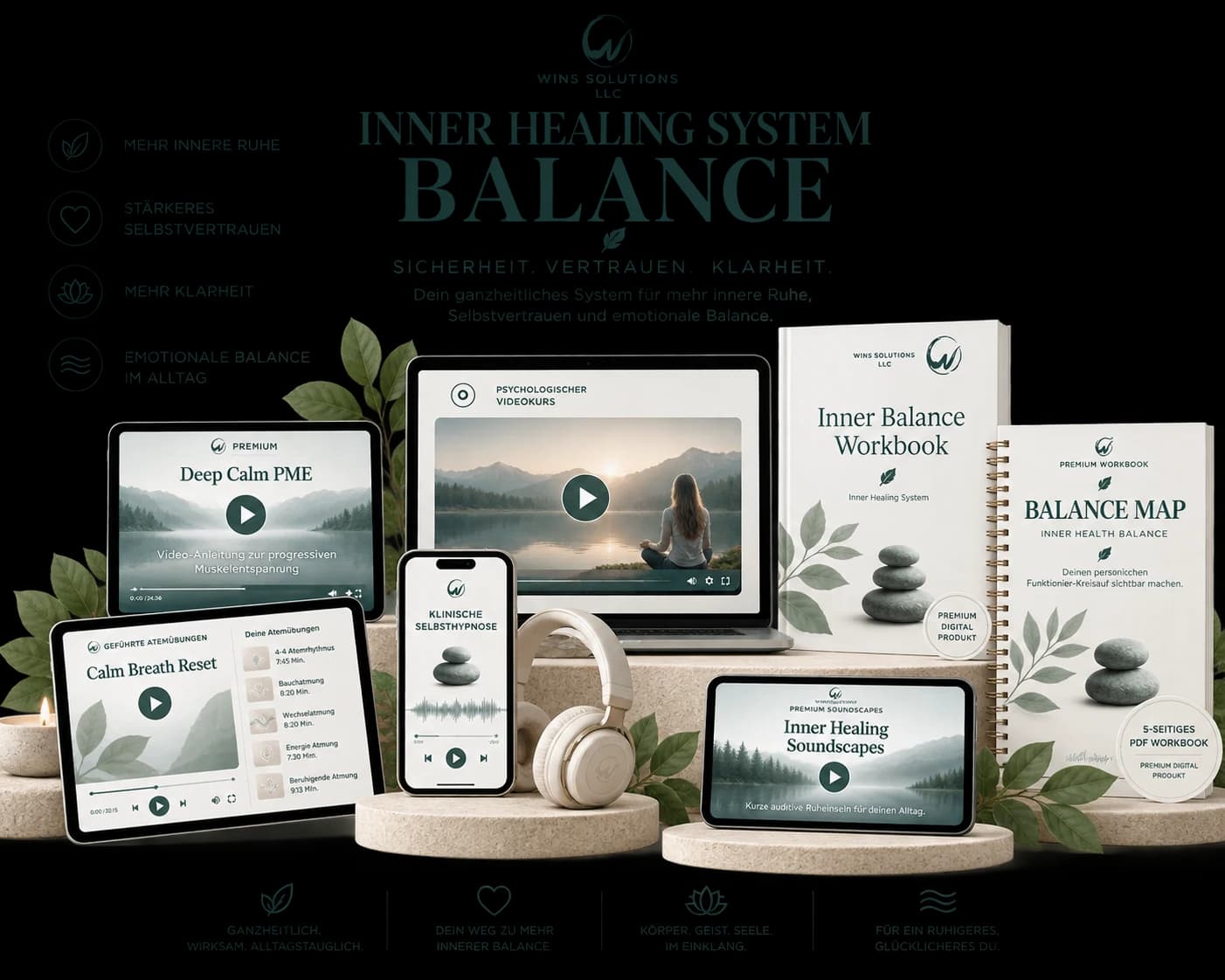 INNER HEALING BALANCE Produktübersicht mit Videokurs, Workbook, Balance Map, Hypnose, Regulation und Soundscapes